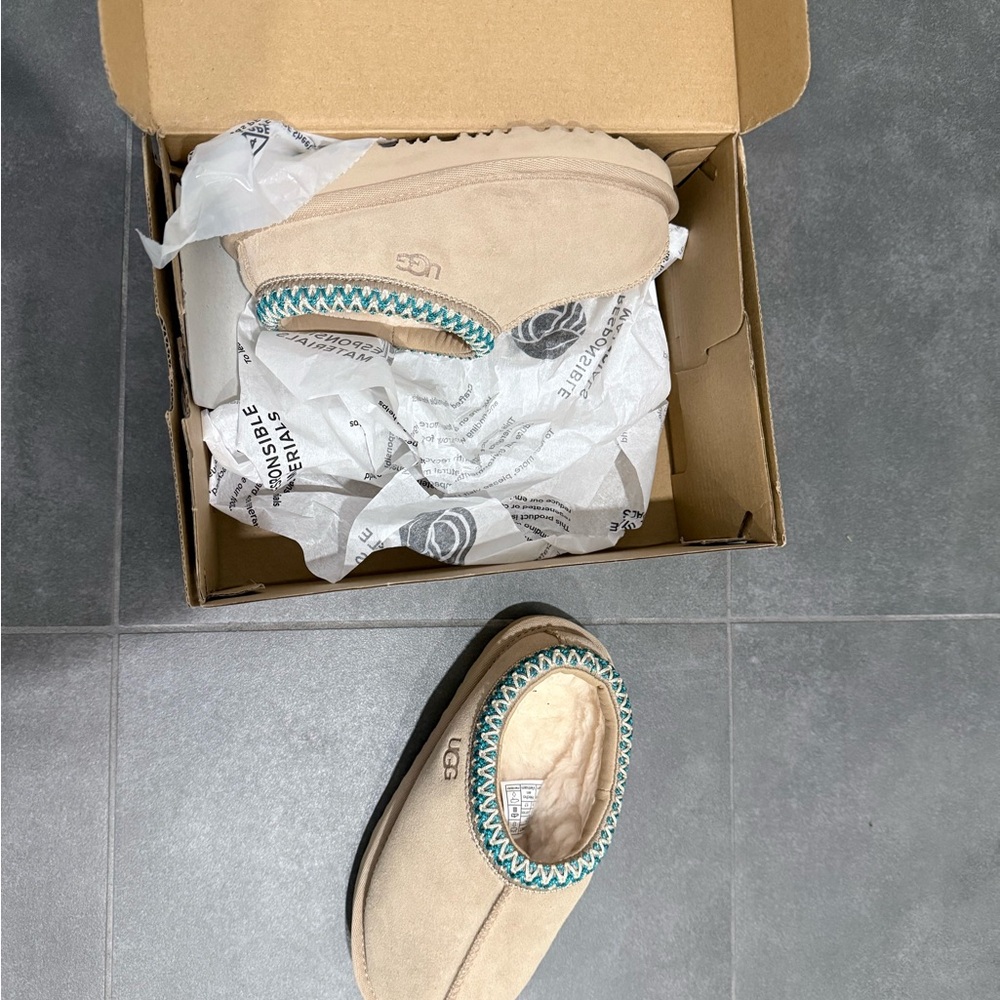 UGG Tan Slippers with Teal Accent